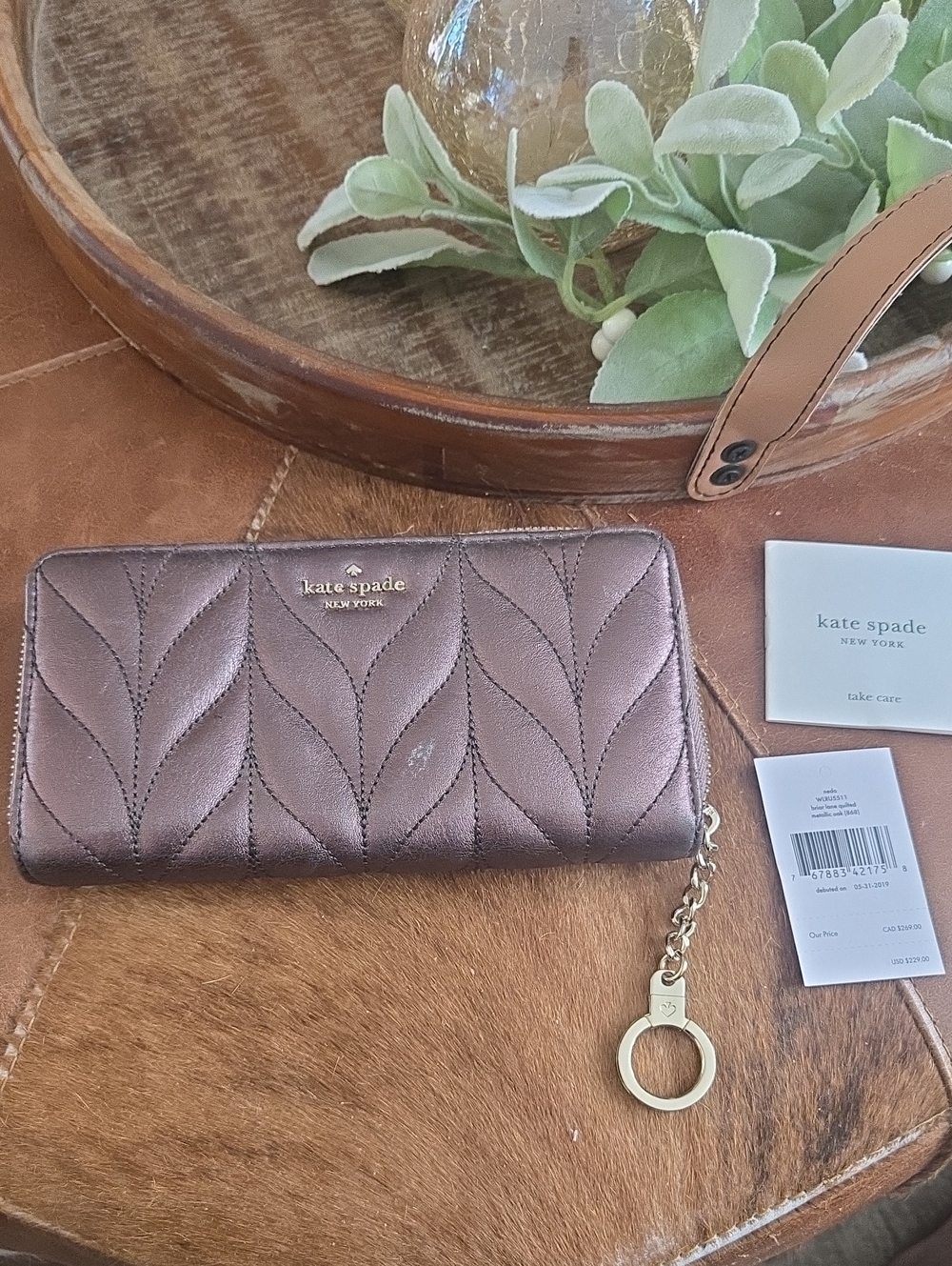 kate spade Metallic Bronze Quilted Zip Wallet with Gold Key Ring